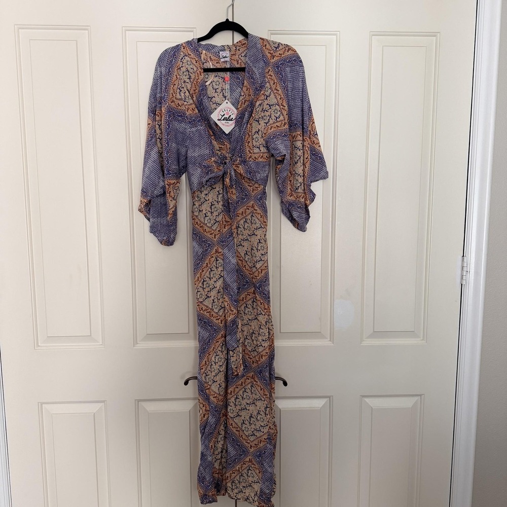 Selfie Leslie Dress Womens Large Purple Floral Maxi Kimono Sleeve Tie Front Boho
